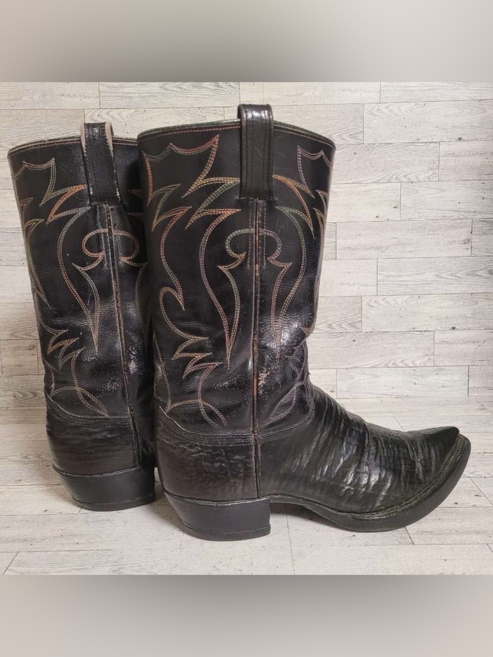 Men's 12D Custom Exotic Black Sharkskin Leather Vintage Handmade Cowboy Boots - Picture 6 of 14